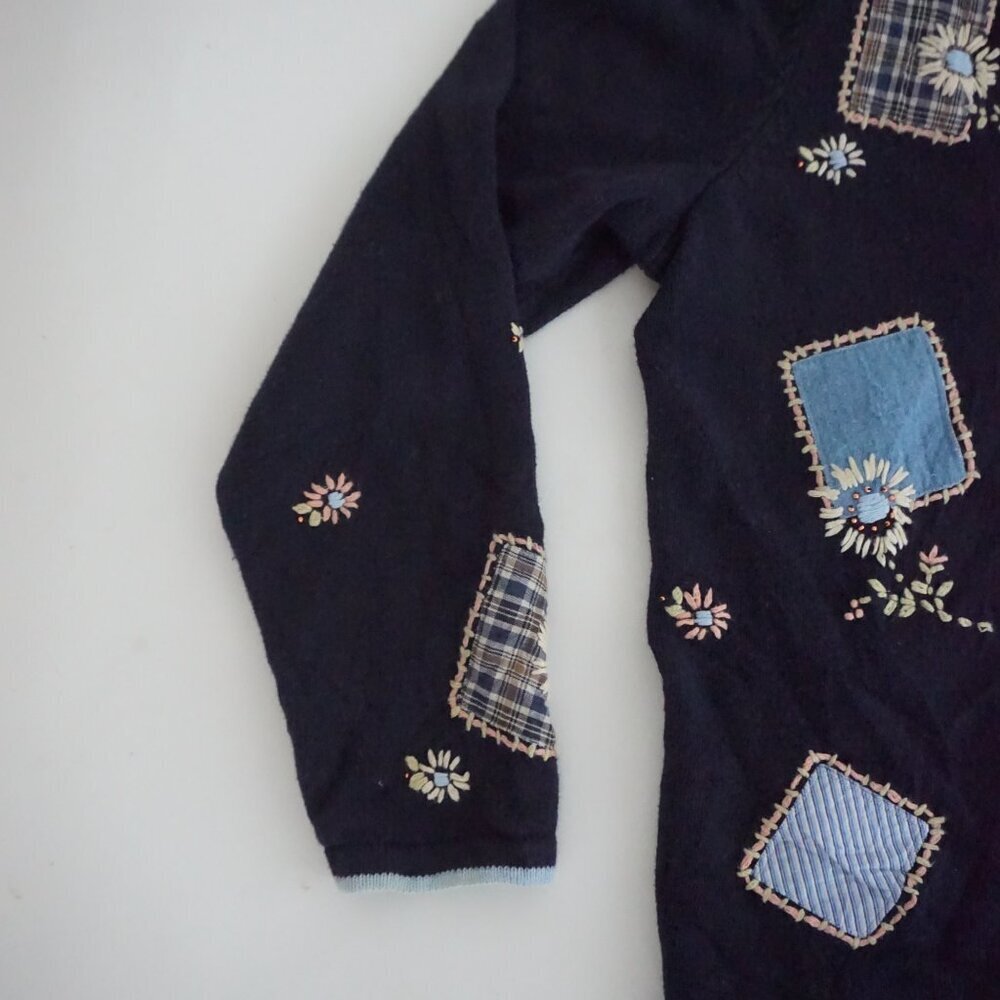 Vintage CJ Banks Navy Patch Floral Hand Embroidered Button Cardigan Sweater X - Picture 7 of 10